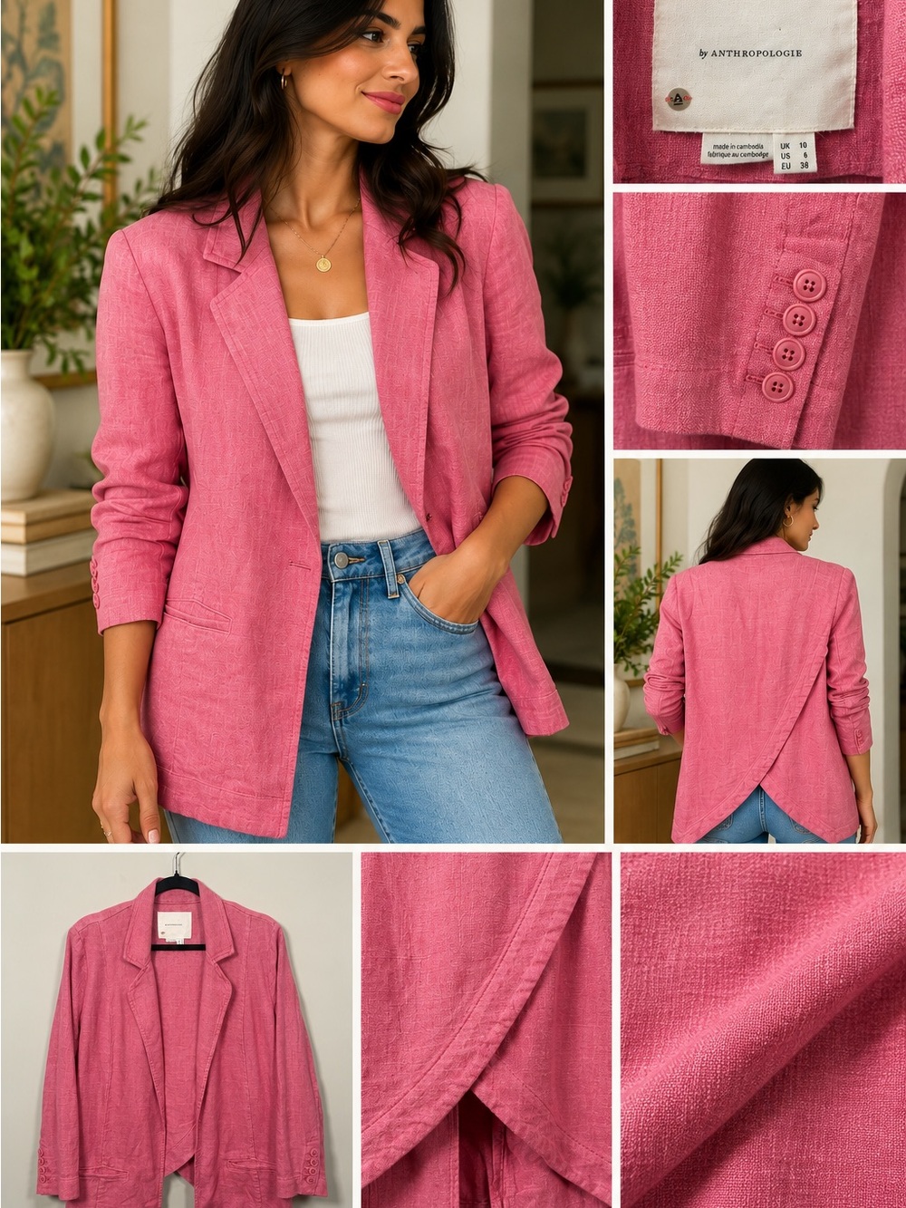 By Anthropologie Pink Linen Blend Tulip Back Blazer Size 6
